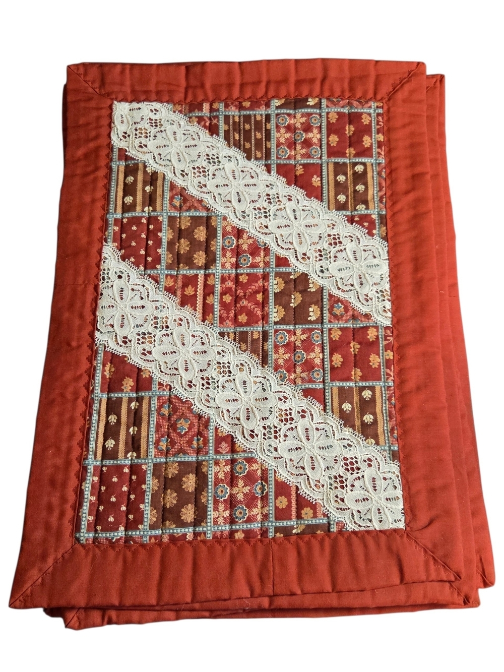 6 Rust Red Quilted Lace Accent Handmade Placemats